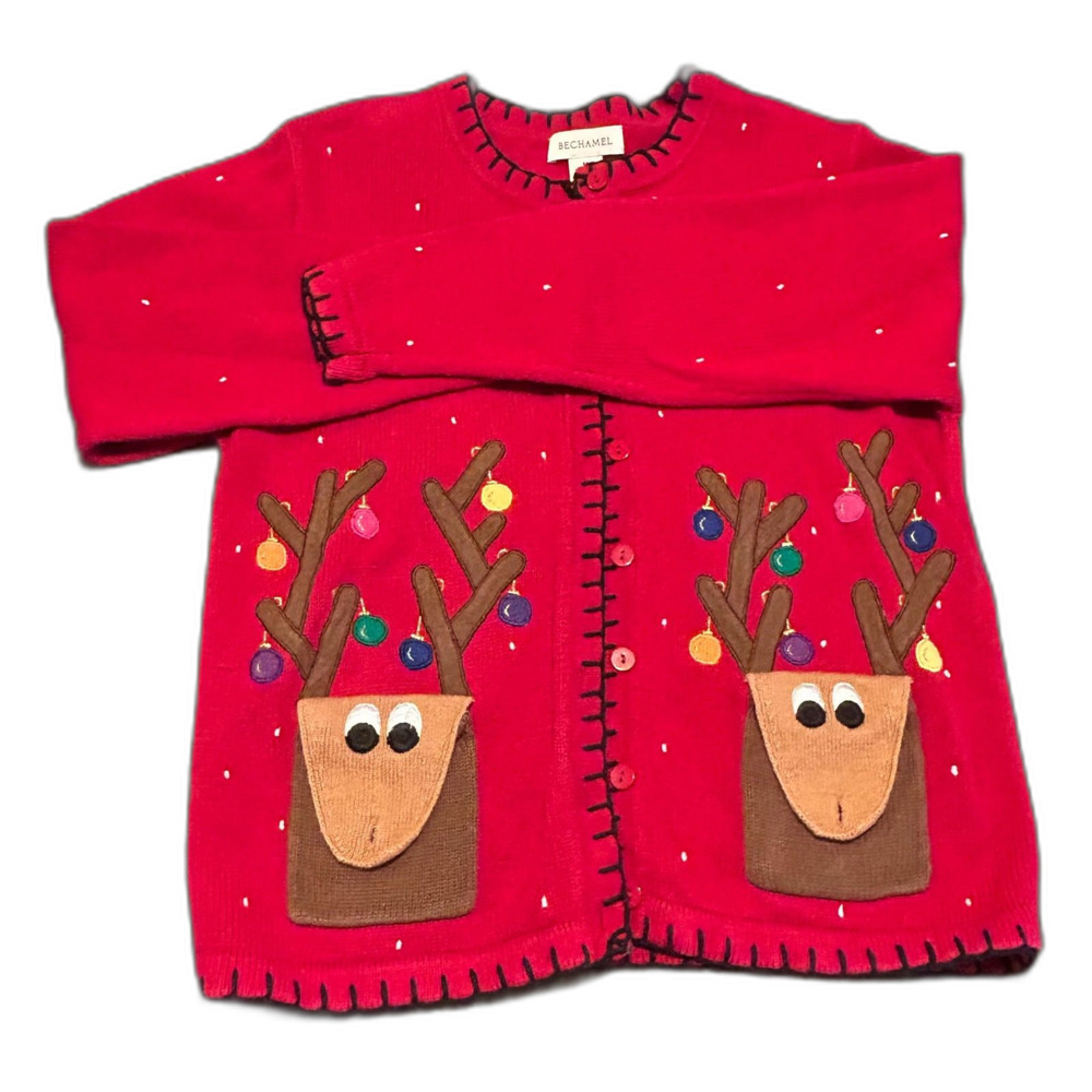 Vintage Bechamel Reindeer Pocket Christmas Cardigan Sweater Medium